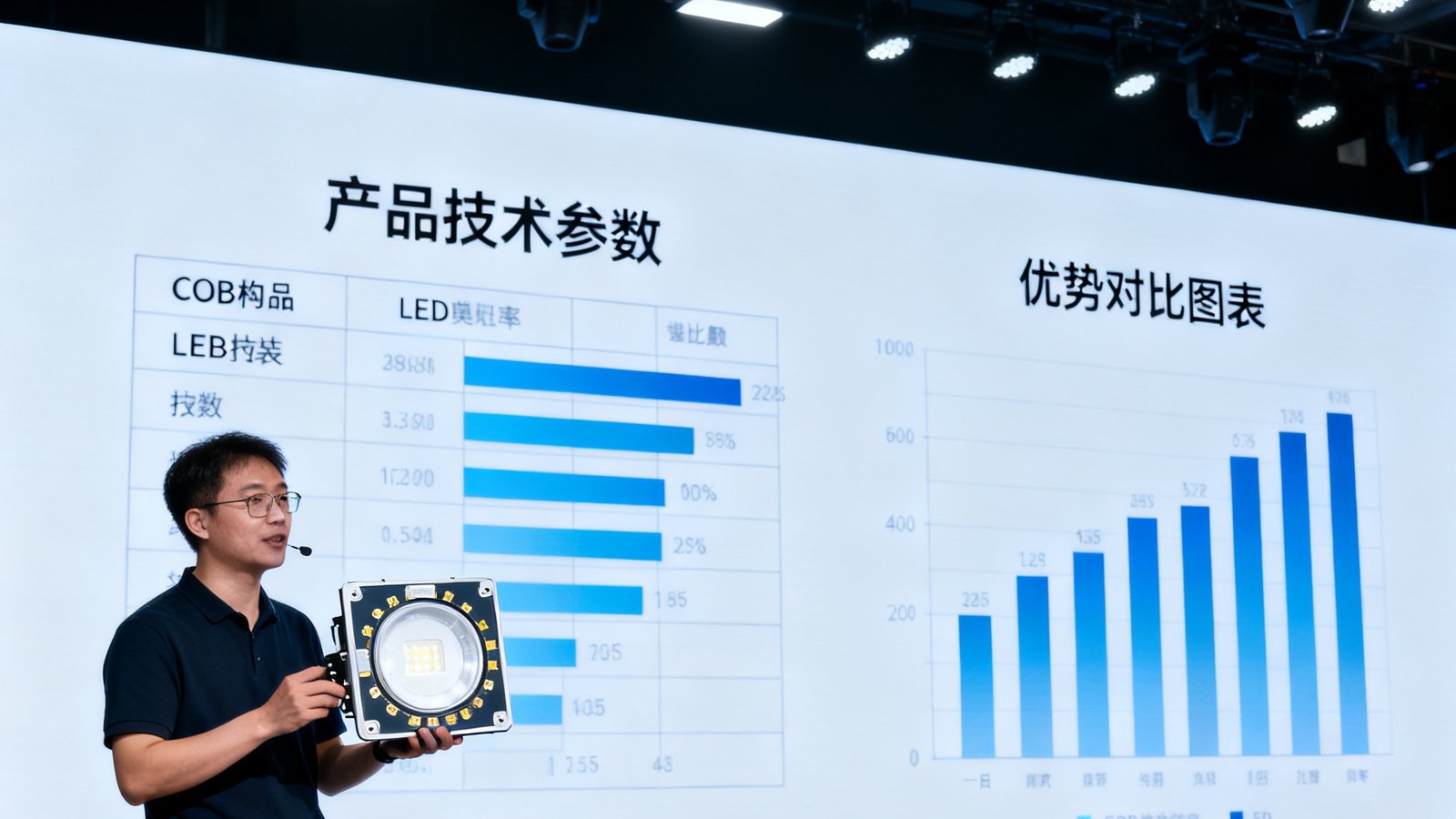 OG视讯发布会现场，技术人员手持一块COB封装LED模组进行讲解，大屏幕上显示着产品技术参数与优势对比图表。