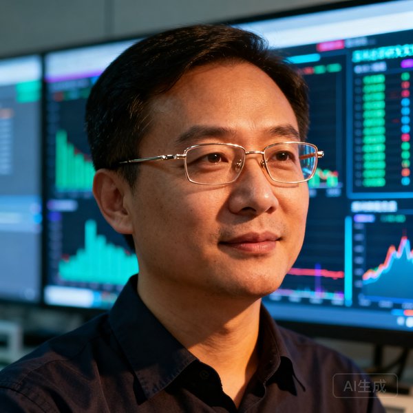 OG视讯创始人兼首席执行官周明远，四十岁左右男性，戴金属框眼镜，身着深色衬衫，背景为深圳总部研发实验室的LED屏幕墙，神态专注而自信。